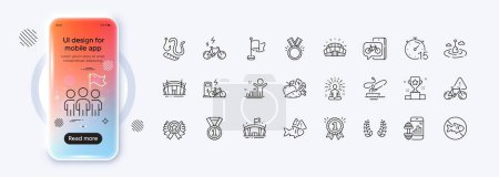 Illustration for Bike app, E-bike and Winner line icons for web app. Phone mockup gradient screen. Pack of Stop fishing, Yoga, Winner cup pictogram icons. Fish, Bike attention, Boat fishing signs. Vector - Royalty Free Image
