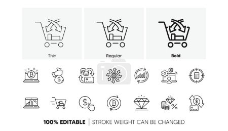 Illustration for Calculator target, Shopping cart and Diamond line icons. Pack of Refresh bitcoin, Graph laptop, Cross sell icon. Bitcoin, Update data, Versatile pictogram. Money tax, Money change. Line icons. Vector - Royalty Free Image