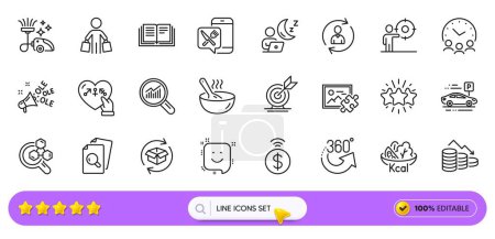 Illustration for Target goal, 360 degrees and Smile line icons for web app. Pack of Genders, Inspect, Return parcel pictogram icons. Chemistry lab, Money loss, Person info signs. Food app, Buyer, Meeting time. Vector - Royalty Free Image