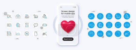 Illustration for Phone mockup with 3d heart icon. Armchair, No cash and Growth chart line icons. Pack of Approved document, Burger, Donation icon. Smartphone recovery, Love letter, Card pictogram. Vector - Royalty Free Image