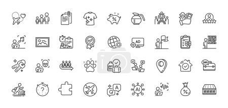Illustration for Inclusion, Fraud and 24h service line icons pack. AI, Question and Answer, Map pin icons. Online voting, Delivery report, Loan percent web icon. Cyber attack, Keys, House security pictogram. Vector - Royalty Free Image