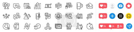 Illustration for Loan percent, Credit card and Journey line icons pack. Social media icons. Lock, Delivery calendar, Attention web icon. Bitcoin project, Timer, Smile pictogram. Vector - Royalty Free Image