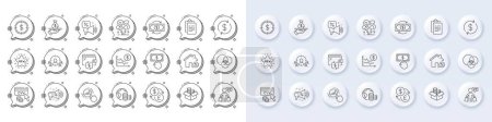 Wallet, Money box and Difficult stress line icons. White pin 3d buttons, chat bubbles icons. Pack of New star, Loan, Vip shopping icon. Dollar rate, Clipboard, Graph chart pictogram. Vector