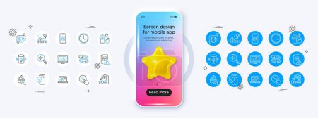 Illustration for Moisturizing cream, Report and Time line icons. Phone mockup with 3d star icon. Pack of Phone insurance, Qr code, Instruction manual icon. Vector - Royalty Free Image