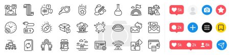 Illustration for Loan percent, Voicemail and Dishes line icons pack. Social media icons. Confirmed mail, Swimming pool, Fraud web icon. Web settings, Wifi, Building pictogram. Chemistry lab, Keywords, Puzzle. Vector - Royalty Free Image