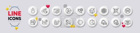 Illustration for Fake news, Chemistry lab and Coronavirus line icons. White buttons 3d icons. Pack of Swipe up, Job interview, Home charging icon. Vector - Royalty Free Image