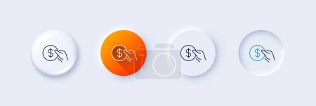 Hold Coin line icon. Neumorphic, Orange gradient, 3d pin buttons. Banking currency sign. Dollar or USD symbol. Line icons. Neumorphic buttons with outline signs. Vector