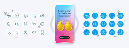 Illustration for Medical flight, Alcohol free and Biotin vitamin line icons. Phone mockup with 3d quotation icon. Pack of Healthy face, Stop stress, Molybdenum mineral icon. Vector - Royalty Free Image