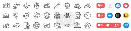 Dog leash, Court building and Timer line icons pack. Social media icons. Business way, Receive file, Chemistry lab web icon. Certificate, Magistrates court, Voice wave pictogram. Vector