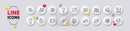 Illustration for Checkbox, Moving service and Click hands line icons. White buttons 3d icons. Pack of Lounge, New mail, Chemistry atom icon. Bordeaux glass, Co2 gas, Rise price pictogram. Vector - Royalty Free Image