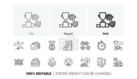 Illustration for Dumbbells, Vegetables and Trophy line icons. Pack of Electric bike, Sports arena, Fishing rod icon. Timer, Yoga, Cardio training pictogram. Worms, Bicycle, Dumbbell. Cardio bike, Fitness. Vector - Royalty Free Image