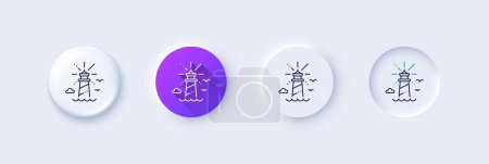 Lighthouse line icon. Neumorphic, Purple gradient, 3d pin buttons. Beacon tower sign. Searchlight building symbol. Line icons. Neumorphic buttons with outline signs. Vector
