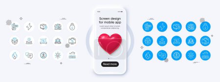 Illustration for Phone mockup with 3d heart icon. Fake internet, Home moving and Headhunting line icons. Pack of Packing boxes, Work home, Energy icon. Discounts ribbon, Scroll down, Dots message pictogram. Vector - Royalty Free Image