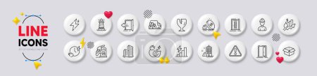 Illustration for Power, Rise price and Lighthouse line icons. White buttons 3d icons. Pack of Building warning, Consumption growth, Entrance icon. Delivery truck, Petrol station, Open box pictogram. Vector - Royalty Free Image