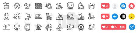 Illustration for Ferris wheel, Online storage and Airport transfer line icons pack. Social media icons. Baggage reclaim, Air balloon, Delivery web icon. Web inventory, Luggage trolley, Eco power pictogram. Vector - Royalty Free Image