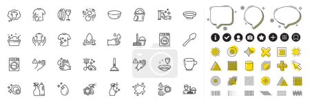 Illustration for Set of Cleaning service, Dish plate and Wash hands line icons for web app. Design elements, Social media icons. Washing hands, Dryer machine, Dish icons. Vector - Royalty Free Image