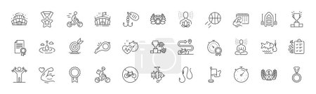 Illustration for Dumbbells workout, Fishing float and Fishing reel line icons. Pack of Arena, Strong arm, Timer icon. Reward, Dumbbell, Yoga pictogram. Cardio training, Fitness calendar, Target goal. Vector - Royalty Free Image