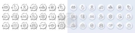 Eye detect, Like and Bell alert line icons. White pin 3d buttons, chat bubbles icons. Pack of Stress, Food app, Chess icon. Hand click, Video conference, Cursor pictogram. Vector