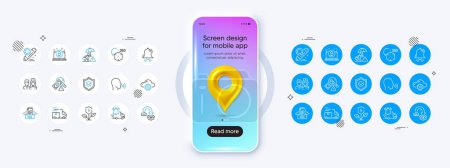 Illustration for Phone mockup with 3d map pin icon. Cloud computing, Moving service and Project edit line icons. Pack of Clock bell, Fraud, Delivery notification icon. Vector - Royalty Free Image