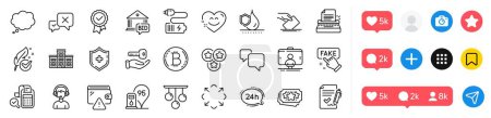 Illustration for Buying house, 24h service and Wallet line icons pack. Social media icons. Battery, Medical shield, Bid offer web icon. Typewriter, Waterproof, Maximize pictogram. Vector - Royalty Free Image