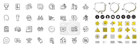Set von Bedienungsanleitung, Brieftasche und No Burger Line Symbole für Web-App. Gestaltungselemente, Social-Media-Symbole. Einkommensgeld, Interview-Job, Smile-Chat-Icons. Vektor