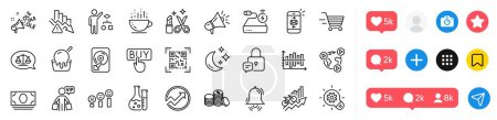 Illustration for Cash money, Ice cream and Beauty line icons pack. Social media icons. Qr code, Moon, Training results web icon. Video conference, Banking money, Delivery shopping pictogram. Vector - Royalty Free Image