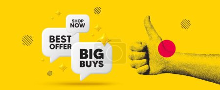 Hand showing thumb up like sign. Big buys tag. Special offer price sign. Advertising discounts symbol. Big buys chat box 3d message. Grain dots hand. Like thumb up sign. Best offer. Vector