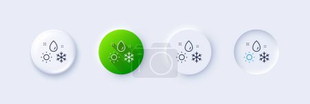 Téléchargez les illustrations : Icône météo. Neumorphique, dégradé vert, boutons broches 3d. Panneau de flocons de neige d'hiver. Symbole soleil et pluie. Icônes de ligne. Boutons neumorphes avec signes de contour. Vecteur - en licence libre de droit
