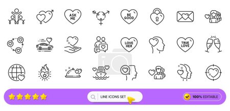Illustration for Woman love, Heart and Hold heart line icons for web app. Pack of Love her, Romantic talk, Romantic dinner pictogram icons. Friend, Champagne glasses, Ask me signs. Valentine, Dating chat. Vector - Royalty Free Image