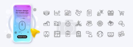 Illustration for Smile, Dishes and Computer fingerprint line icons for web app. Phone mockup gradient screen. Pack of Accounting checklist, Swipe up, Love pictogram icons. Vector - Royalty Free Image