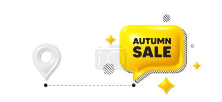 Illustration for Road journey position 3d pin. Autumn Sale tag. Special offer price sign. Advertising Discounts symbol. Autumn sale message. Chat speech bubble, place banner. Yellow text box. Vector - Royalty Free Image