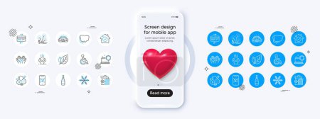 Illustration for Phone mockup with 3d heart icon. Seo shopping, Snowflake and Leaf line icons. Pack of Computer security, Credit card, Augmented reality icon. Vector - Royalty Free Image