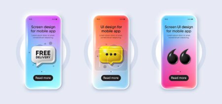 Illustration for Phone 3d mockup gradient screen. Free delivery tag. Shipping and cargo service message. Business order icon. Free delivery phone mockup message. 3d chat speech bubble. Yellow text box app. Vector - Royalty Free Image