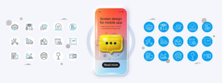 Illustration for Phone mockup with 3d chat icon. Grill tools, Inflation and Square meter line icons. Pack of Payment methods, Cyber attack, Rating stars icon. Vector - Royalty Free Image