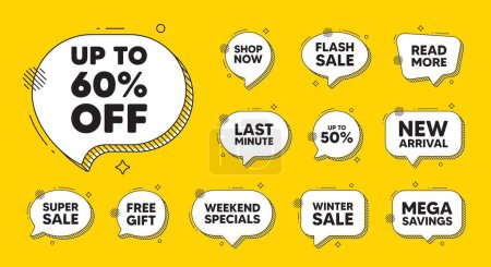 Illustration for Offer speech bubble icons. Up to 60 percent off sale. Discount offer price sign. Special offer symbol. Save 60 percentages. Discount tag chat offer. Speech bubble discount banner. Vector - Royalty Free Image