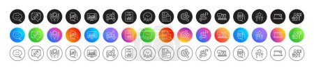 Illustration for Smile chat, Employee hand and Spanner line icons. Round icon gradient buttons. Pack of Card, Map, Auction icon. Stars, Music app, Journey pictogram. Smile, Report document, Parking app. Vector - Royalty Free Image