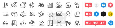 Graph chart, Social responsibility and Orange line icons pack. Social media icons. Depression treatment, Write, Flag web icon. Donation money, Consulting, Chart pictogram. Vector
