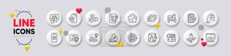Illustration for Map, Vip phone and Phone photo line icons. White buttons 3d icons. Pack of Card, Globe, Algorithm icon. Stand lamp, Chat messages, Survey checklist pictogram. Certificate, Star, Eco power. Vector - Royalty Free Image