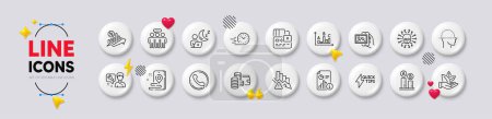 Illustration for Quickstart guide, Deflation and Card line icons. White buttons 3d icons. Pack of Call center, Face scanning, Employees group icon. Image album, Survey results, Place pictogram. Vector - Royalty Free Image