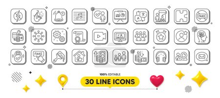 Illustration for Painter, Brush and Fake information line icons pack. 3d design elements. Work home, Musical note, Reminder web icon. Deflation, Verified internet, Work pictogram. Vector - Royalty Free Image