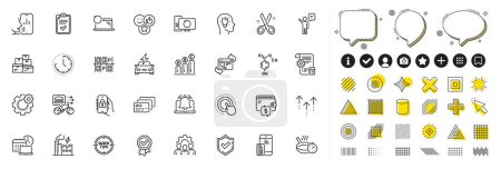 Illustration for Set of Work time, Like and Team work line icons for web app. Design elements, Social media icons. Agent, Time, Car charging icons. Reminder, Confirmed, Swipe up signs. Vector - Royalty Free Image