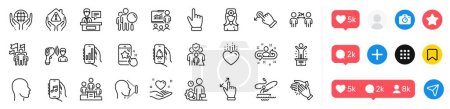 Search people, Touchscreen gesture and Winner podium line icons pack. Social media icons. Hold heart, Organic tested, Electronic thermometer web icon. Vector