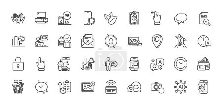 Illustration for Talk bubble, Add photo and Time change line icons pack. AI, Question and Answer, Map pin icons. Photo studio, Tv stand, Money web icon. Food order, Refill water, Employee hand pictogram. Vector - Royalty Free Image