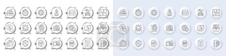 Illustration for Electric app, Discount button and Approved checklist line icons. White pin 3d buttons, chat bubbles icons. Pack of Heartbeat timer, Recovery server, Squad icon. Vector - Royalty Free Image