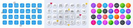 Illustration for Leaves, Warning and Loyalty card line icons. Square, Gradient, Pin 3d buttons. AI, QA and map pin icons. Pack of No smoking, Currency rate, Car icon. Vector - Royalty Free Image