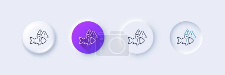 Ilustración de Icono de línea de pescado. Neumorfa, gradiente púrpura, botones de pin 3d. Señal de pesca. Acuario símbolo de atención. Iconos de línea. Botones neumórficos con signos de contorno. Vector - Imagen libre de derechos