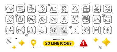 Illustration for Pin, Calendar and Fishing reel line icons pack. 3d design elements. Bicycle prohibited, Baggage size, Grilled steak web icon. Grill place, Puzzle, Journey pictogram. Web photo, Buyer, Guard. Vector - Royalty Free Image