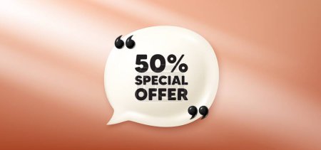 Illustration for 50 percent discount offer tag. Chat speech bubble 3d banner. Sale price promo sign. Special offer symbol. Discount chat message. Speech bubble red banner. Text balloon. Vector - Royalty Free Image