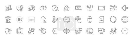 Illustration for Calendar, Timer and Scroll down line icons. Pack of Like, Click, Search files icon. Online discounts, Left arrow, Increasing percent pictogram. Refresh, Logistics network, 360 degrees. Vector - Royalty Free Image