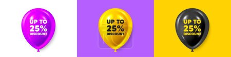 Illustration for Birthday balloons 3d icons. Up to 25 percent discount tag. Sale offer price sign. Special offer symbol. Save 25 percentages. Discount tag text message. Party balloon banners with text. Vector - Royalty Free Image